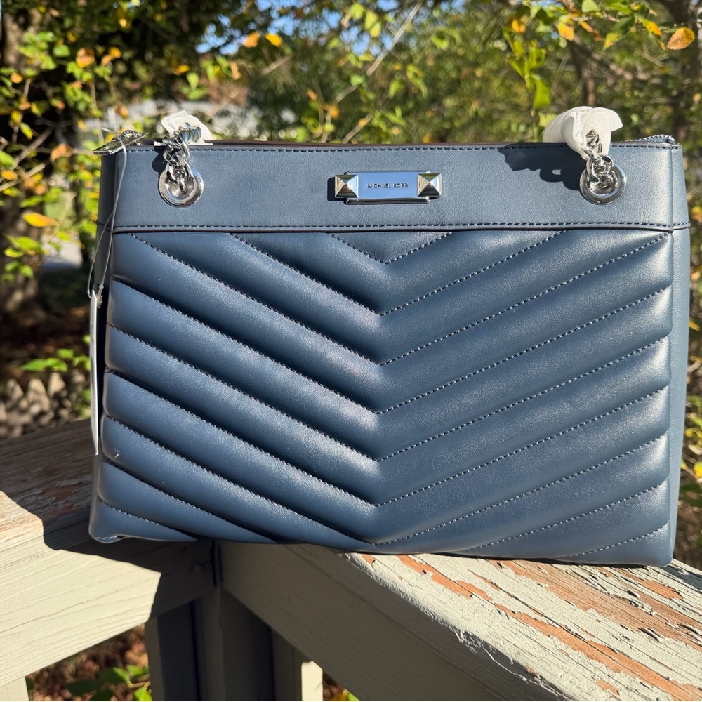 Michael Kors Whitney Medium Quilted Tote Bag Blue Navy Silver NEW!